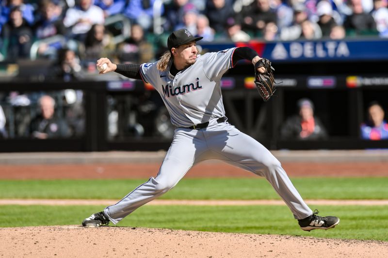 Apr 9, 2025; New York City, New York, USA; Miami Marlins pitcher Lake Bachar (84) pitches against the New York Mets during the ninth inning at Citi Field. Mandatory Credit: John Jones-Imagn Images