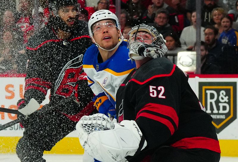 Dec 2, 2023; Raleigh, North Carolina, USA; Buffalo Sabres center Tyson Jost (17) and Carolina Hurricanes goaltender Pyotr Kochetkov (52) look for the puck during the second period at PNC Arena. Mandatory Credit: James Guillory-USA TODAY Sports