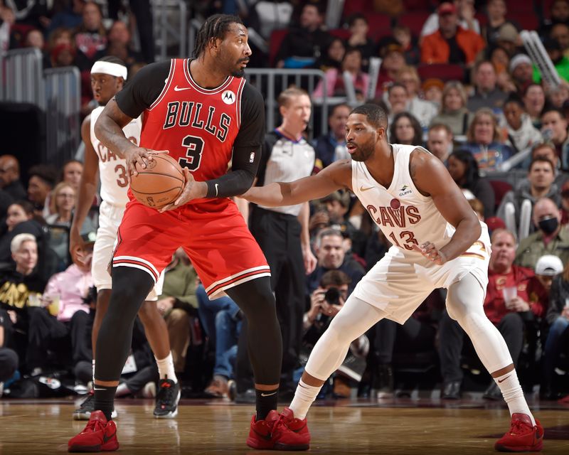 CLEVELAND, OH - JANUARY 15: Andre Drummond #3 of the Chicago Bulls looks to pass the ball during the game against the Cleveland Cavaliers on January 15, 2024 at Rocket Mortgage FieldHouse in Cleveland, Ohio. NOTE TO USER: User expressly acknowledges and agrees that, by downloading and/or using this Photograph, user is consenting to the terms and conditions of the Getty Images License Agreement. Mandatory Copyright Notice: Copyright 2024 NBAE (Photo by David Liam Kyle/NBAE via Getty Images)