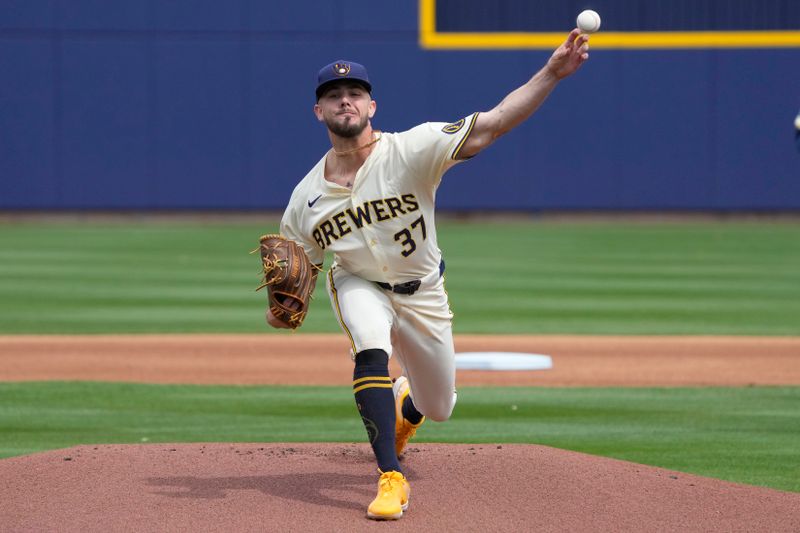 Mar 18, 2024; Phoenix, Arizona, USA; Milwaukee Brewers relief pitcher DL Hall (37) throws against the Los Angeles Angels in the first inning at American Family Fields of Phoenix. Mandatory Credit: Rick Scuteri-USA TODAY Sports