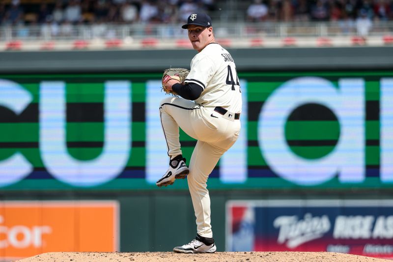 May 25, 2025; Minneapolis, Minnesota, USA; Minnesota Twins pitcher Cole Sands (44) delivers a pitch against the Kansas City Royals during the ninth inning at Target Field. Mandatory Credit: Matt Krohn-Imagn Images