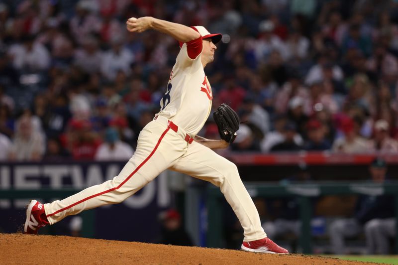 Jun 6, 2025; Anaheim, California, USA; Los Angeles Angels pitcher Kyle Hendricks (28) throws during the sixth inning against the Seattle Mariners at Angel Stadium. Mandatory Credit: Jason Parkhurst-Imagn Images