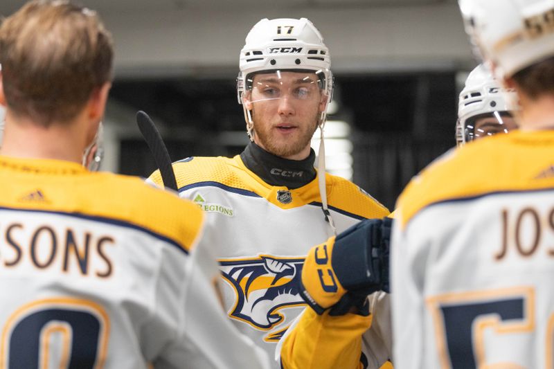 Feb 24, 2024; San Jose, California, USA; Nashville Predators center Mark Jankowski (17) before the start of the first period against the San Jose Sharks at SAP Center at San Jose. Mandatory Credit: Stan Szeto-USA TODAY Sports