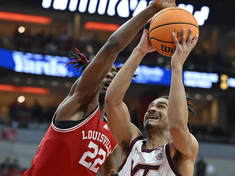 Feb 28, 2023; Louisville, Kentucky, USA; Virginia Tech Hokies guard Rodney Rice (1) shoots against Louisville Cardinals forward Kamari Lands (22) during the first half at KFC Yum! Center. Mandatory Credit: Jamie Rhodes-USA TODAY Sports