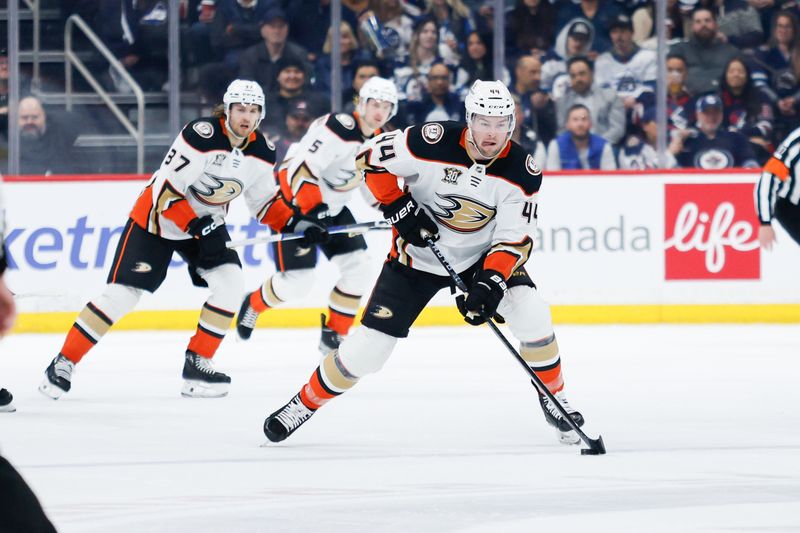 Mar 15, 2024; Winnipeg, Manitoba, CAN; Anaheim Ducks forward Russ Johnston (44) skates into the Winnipeg Jets zone during the first period at Canada Life Centre. Mandatory Credit: Terrence Lee-USA TODAY Sports