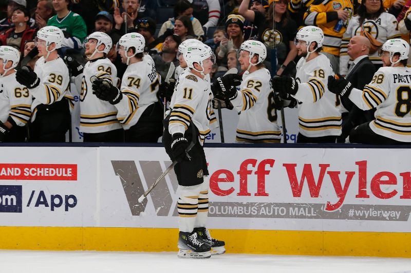 Jan 2, 2024; Columbus, Ohio, USA; Boston Bruins center Trent Frederic (11) celebrates his goal against the Columbus Blue Jackets during the third period at Nationwide Arena. Mandatory Credit: Russell LaBounty-USA TODAY Sports