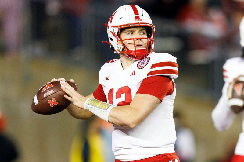 Nov 18, 2023; Madison, Wisconsin, USA;  Nebraska Cornhuskers quarterback Chubba Purdy (12) throws a pass during warmups prior to the game against the Wisconsin Badgers at Camp Randall Stadium. Mandatory Credit: Jeff Hanisch-USA TODAY Sports