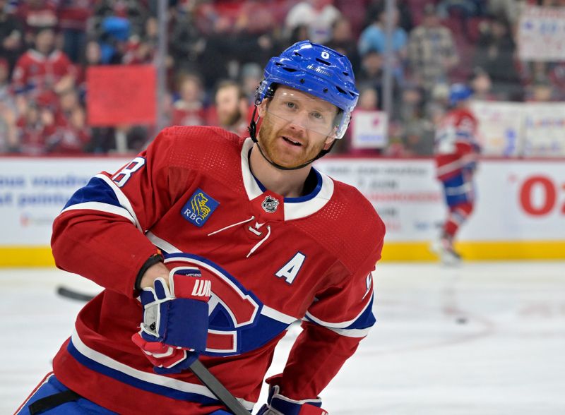 Apr 6, 2024; Montreal, Quebec, CAN; Montreal Canadiens defenseman Mike Matheson (8) skates during the warmup period before the game against the Toronto Maple Leafs at the Bell Centre. Mandatory Credit: Eric Bolte-USA TODAY Sports