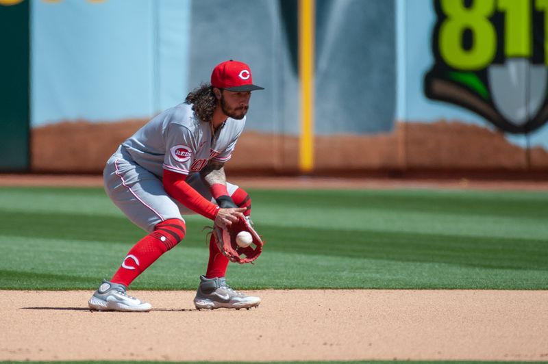 Apr 29, 2023; Oakland, California, USA; Cincinnati Reds second baseman Jonathan India (6) fields a ground ball during the fifth inning against the Oakland Athletics at RingCentral Coliseum. Mandatory Credit: Ed Szczepanski-USA TODAY Sports