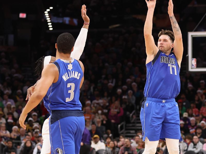 PHOENIX, ARIZONA - DECEMBER 25: Luka Doncic #77 of the Dallas Mavericks puts up a three-point shot against the Phoenix Suns during the first half of the NBA game at Footprint Center on December 25, 2023 in Phoenix, Arizona. NOTE TO USER: User expressly acknowledges and agrees that, by downloading and or using this photograph, User is consenting to the terms and conditions of the Getty Images License Agreement.  (Photo by Christian Petersen/Getty Images)