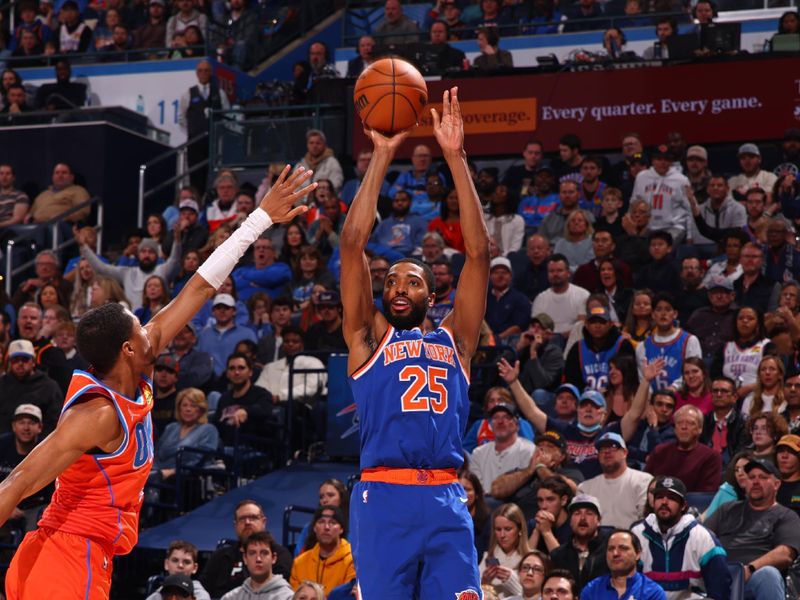 OKLAHOMA CITY, OK - JANUARY 3:  Mikal Bridges #25 of the New York Knicks shoots the ball during the game against the Oklahoma City Thunder on January 3, 2025 at Paycom Center in Oklahoma City, Oklahoma. NOTE TO USER: User expressly acknowledges and agrees that, by downloading and or using this photograph, User is consenting to the terms and conditions of the Getty Images License Agreement. Mandatory Copyright Notice: Copyright 2025 NBAE (Photo by Zach Beeker/NBAE via Getty Images)