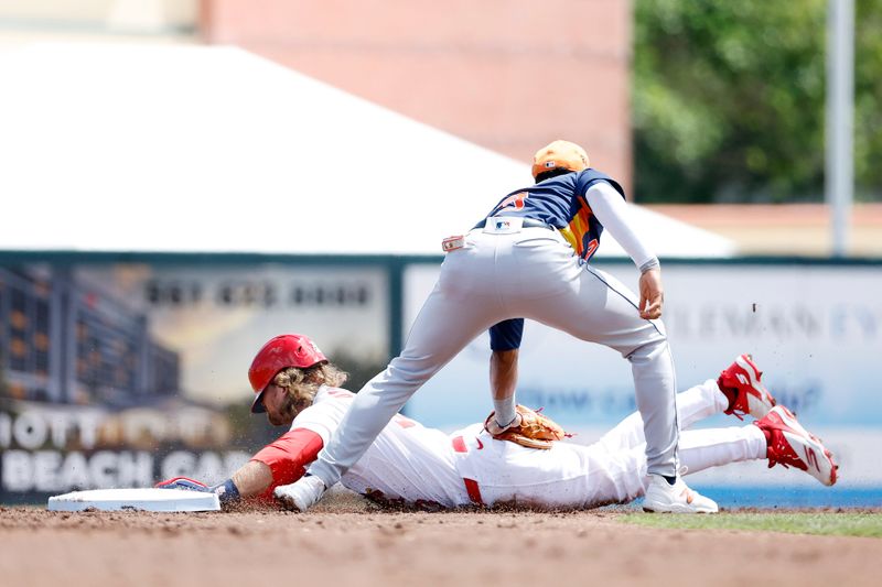 Mar 21, 2024; Jupiter, Florida, USA; St. Louis Cardinals second baseman Brendan Donovan (33) steals second base against the Houston Astros in the first inning at Roger Dean Chevrolet Stadium. Mandatory Credit: Rhona Wise-USA TODAY Sports