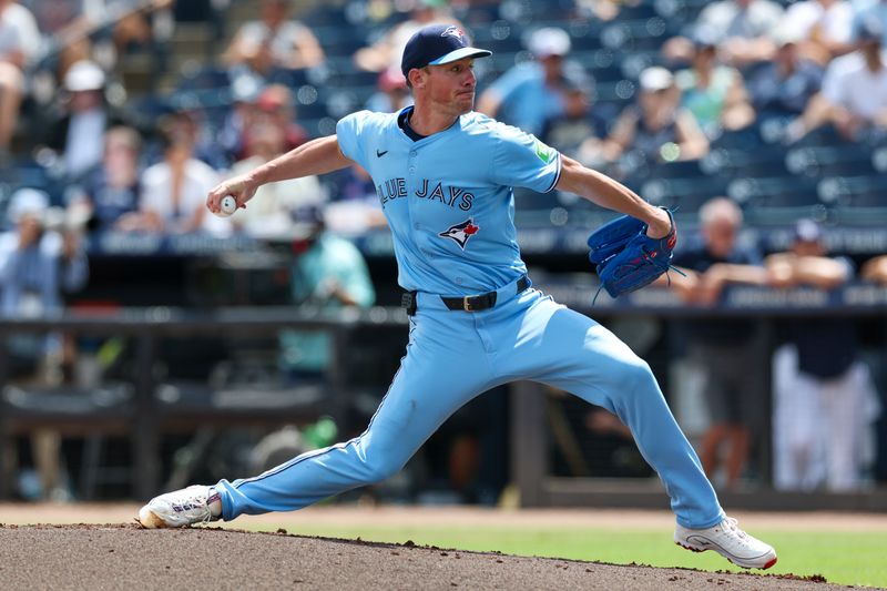 Sep 18, 2025; Tampa, Florida, USA; Toronto Blue Jays starting pitcher Chris Bassitt (40) throws a pitch against the Tampa Bay Rays in the first inning at George M. Steinbrenner Field. Mandatory Credit: Nathan Ray Seebeck-Imagn Images