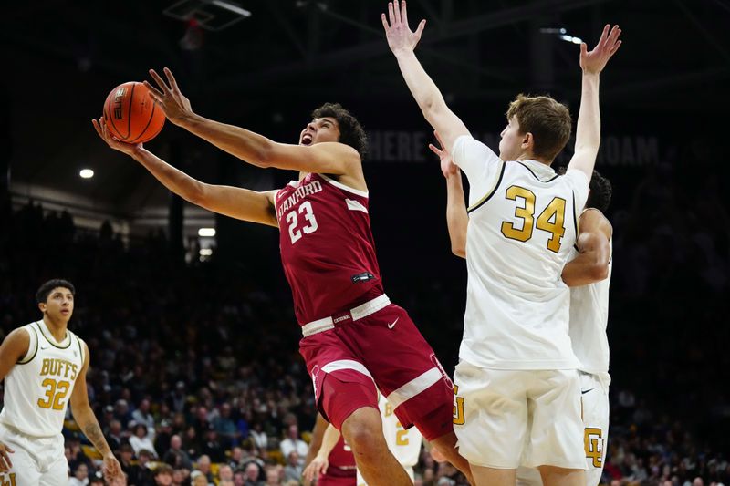 Feb 5, 2023; Boulder, Colorado, USA; Stanford Cardinal forward Brandon Angel (23) shoots the ball over Colorado Buffaloes center Lawson Lovering (34) in the second half at the CU Events Center. Mandatory Credit: Ron Chenoy-USA TODAY Sports