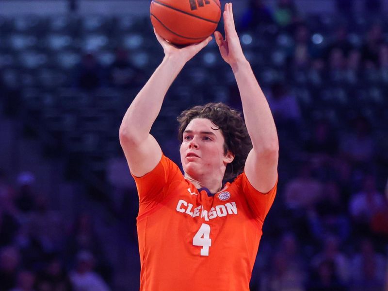 Feb 21, 2024; Atlanta, Georgia, USA; Clemson Tigers forward Ian Schieffelin (4) shoots against the Georgia Tech Yellow Jackets in the first half at McCamish Pavilion. Mandatory Credit: Brett Davis-USA TODAY Sports