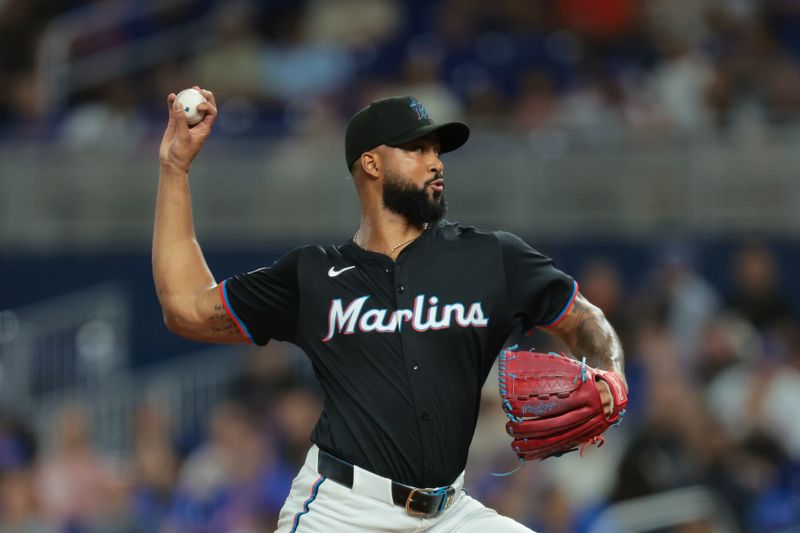 Sep 26, 2025; Miami, Florida, USA; Miami Marlins starting pitcher Sandy Alcantara (22) delivers pitch against the New York Mets during the first inning at loanDepot Park. Mandatory Credit: Sam Navarro-Imagn Images