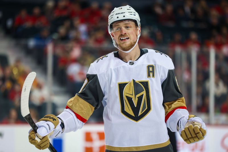 Mar 14, 2024; Calgary, Alberta, CAN; Vegas Golden Knights center Jack Eichel (9) during the first period against the Calgary Flames at Scotiabank Saddledome. Mandatory Credit: Sergei Belski-USA TODAY Sports