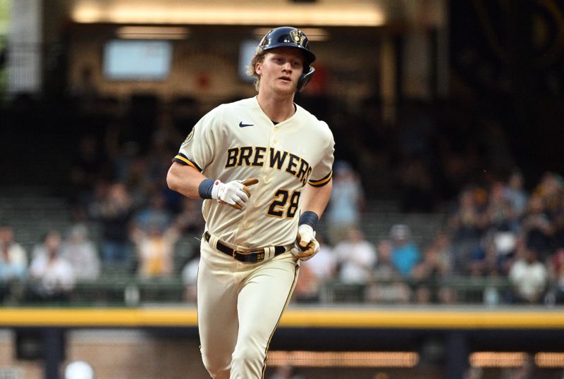 May 23, 2023; Milwaukee, Wisconsin, USA; Milwaukee Brewers right fielder Joey Wiemer (28) rounds the base after hitting a home run against the Houston Astros in the third inning at American Family Field. Mandatory Credit: Michael McLoone-USA TODAY Sports
