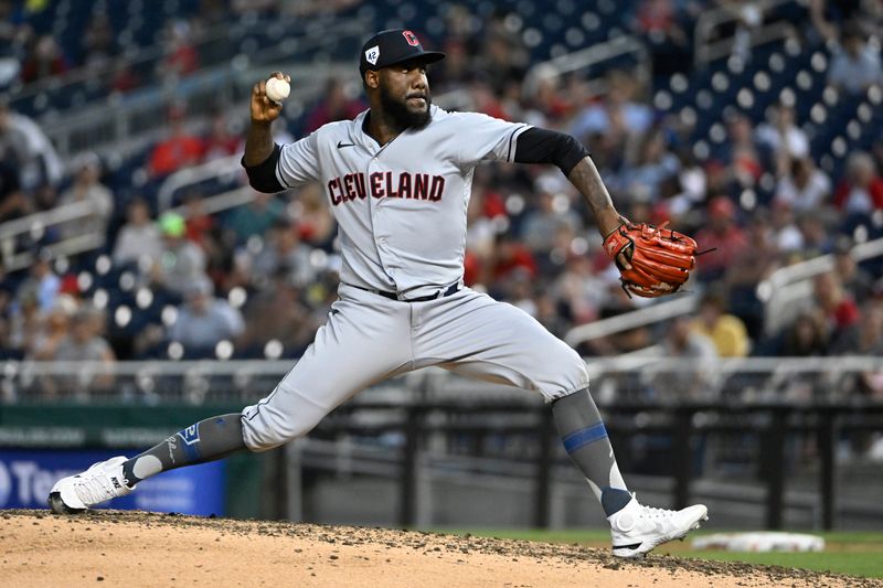 Apr 15, 2023; Washington, District of Columbia, USA; Cleveland Guardians relief pitcher Enyel De Los Santos (62) throws to the Washington Nationals during the seventh inning at Nationals Park. Mandatory Credit: Brad Mills-USA TODAY Sports