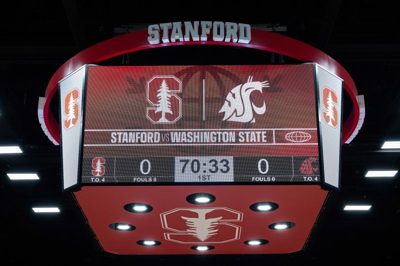 Jan 18, 2024; Stanford, California, USA; The Maples Pavilion video board before the game between the Stanford Cardinal and the Washington State Cougars at Maples Pavilion. Mandatory Credit: Robert Edwards-USA TODAY Sports