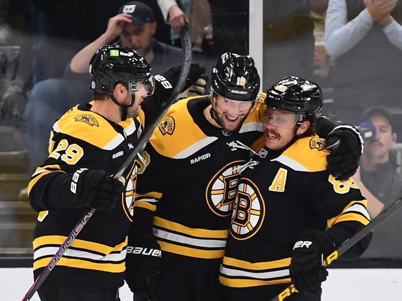 Nov 7, 2024; Boston, Massachusetts, USA;  Boston Bruins center Pavel Zacha (18) is congratulated by defenseman Parker Wotherspoon (29) and right wing David Pastrnak (88) after scoring a goal during the second period against the Calgary Flames at TD Garden. Mandatory Credit: Bob DeChiara-Imagn Images