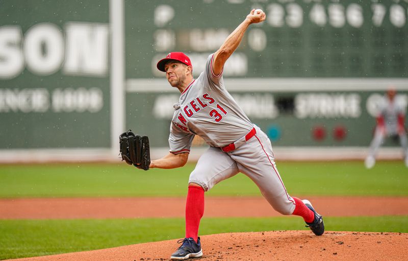 Apr 14, 2024; Boston, Massachusetts, USA; Los Angeles Angels pitcher Tyler Anderson (31) throws a pitch against the Boston Red Sox in the first inning at Fenway Park. Mandatory Credit: David Butler II-USA TODAY Sports