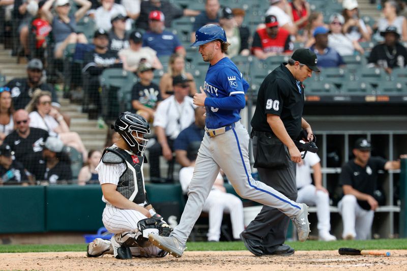 Jun 8, 2025; Chicago, Illinois, USA; Kansas City Royals outfielder Drew Waters (8) scores against the Chicago White Sox during the ninth inning at Rate Field. Mandatory Credit: Kamil Krzaczynski-Imagn Images