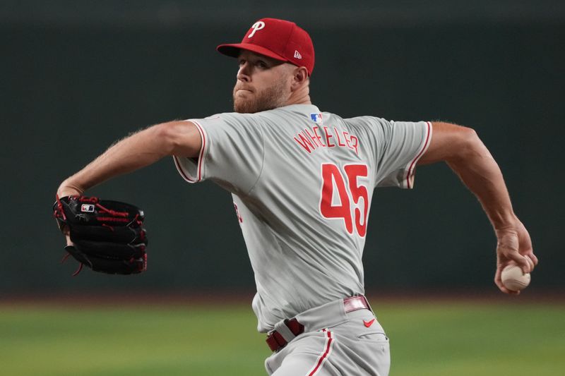 Aug 9, 2024; Phoenix, Arizona, USA; Philadelphia Phillies pitcher Zack Wheeler (45) throws against the Arizona Diamondbacks in the first inning at Chase Field. Mandatory Credit: Rick Scuteri-USA TODAY Sports