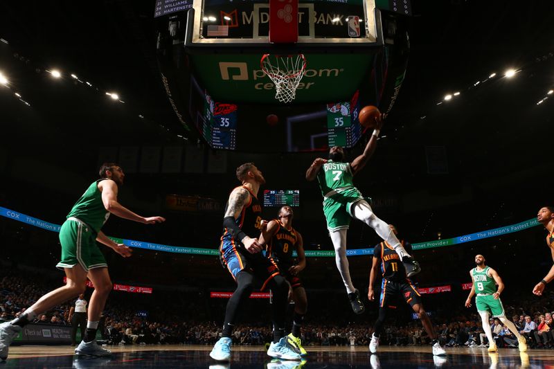 OKLAHOMA CITY, OK - JANUARY 5: Jaylen Brown #7 of the Boston Celtics drives to the basket during the game against the Oklahoma City Thunder on January 5, 2025 at Paycom Center in Oklahoma City, Oklahoma. NOTE TO USER: User expressly acknowledges and agrees that, by downloading and or using this photograph, User is consenting to the terms and conditions of the Getty Images License Agreement. Mandatory Copyright Notice: Copyright 2025 NBAE (Photo by Zach Beeker/NBAE via Getty Images)