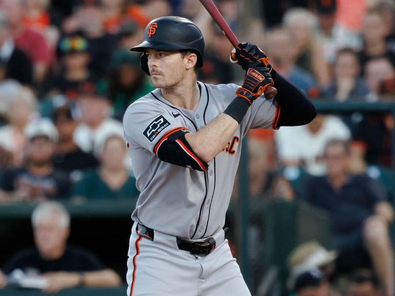 Jul 6, 2025; West Sacramento, California, USA; San Francisco Giants right fielder Mike Yastrzemski (5) bats during the game against the Athletics at Sutter Health Park. Mandatory Credit: Sergio Estrada-Imagn Images