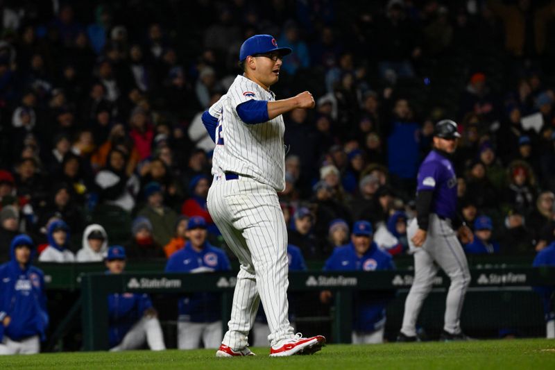 Apr 2, 2024; Chicago, Illinois, USA; Chicago Cubs starting pitcher Javier Assad (72) after closing out the sixth inning against the Colorado Rockies at Wrigley Field. Mandatory Credit: Matt Marton-USA TODAY Sports