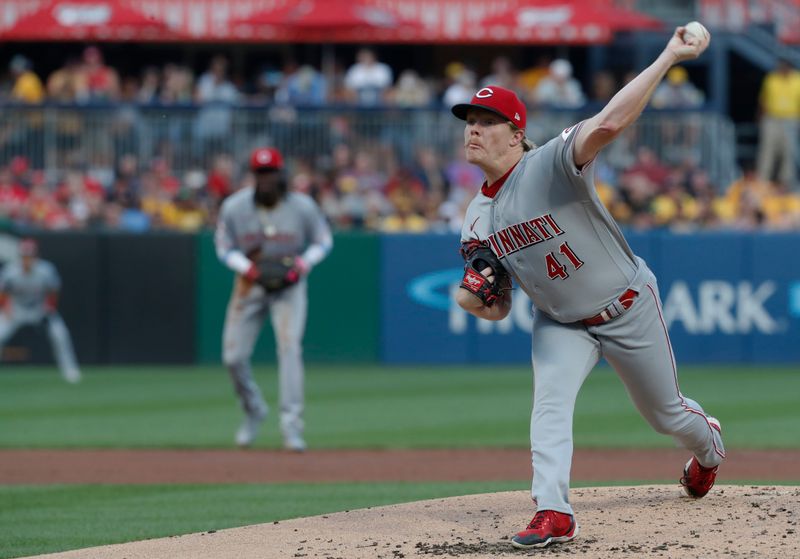 Aug 11, 2023; Pittsburgh, Pennsylvania, USA; Cincinnati Reds starting pitcher Andrew Abbott (41) delivers a pitch against the Pittsburgh Pirates during the first inning at PNC Park. Mandatory Credit: Charles LeClaire-USA TODAY Sports