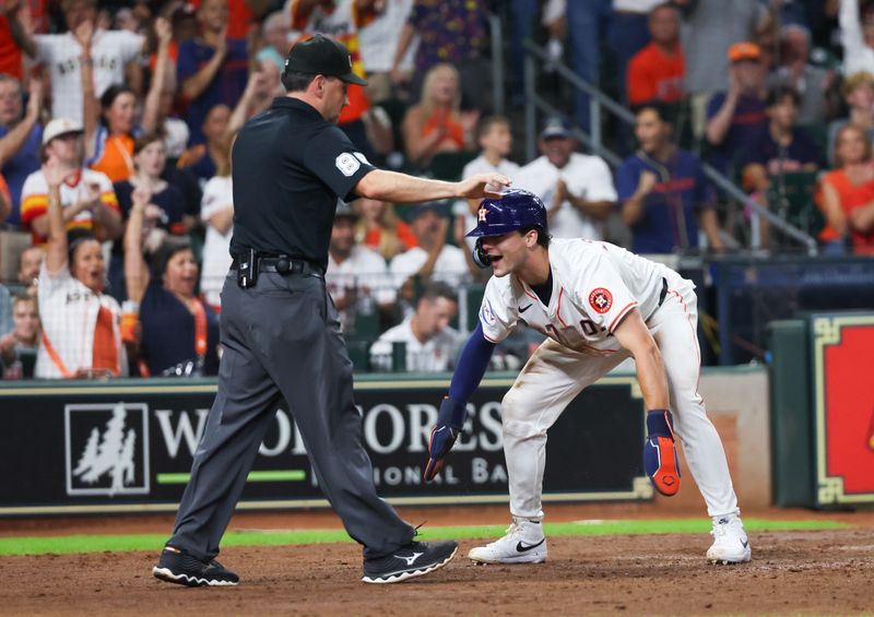 Jul 11, 2024; Houston, Texas, USA; Houston Astros left fielder Joey Loperfido (10) celebrates his run against the Miami Marlins in the fourth inning at Minute Maid Park. Mandatory Credit: Thomas Shea-USA TODAY Sports