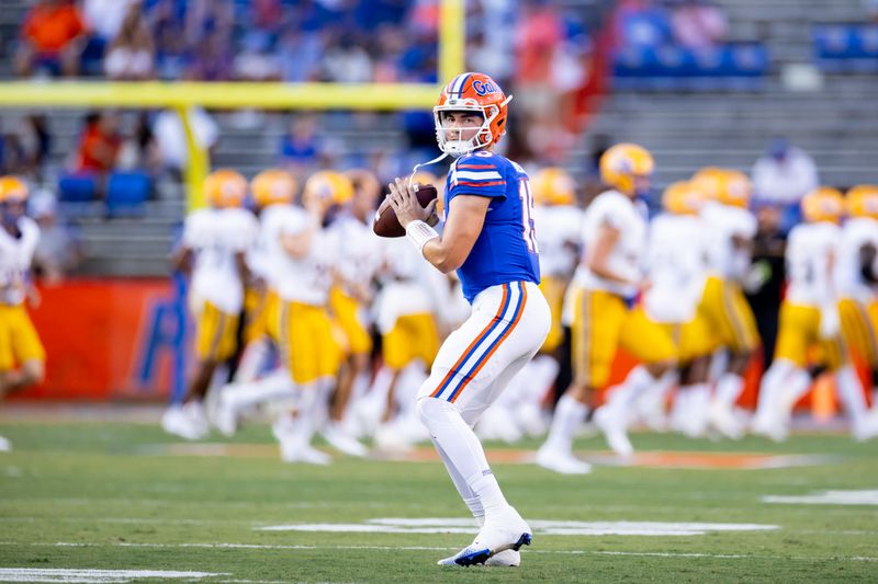 Sep 9, 2023; Gainesville, Florida, USA; Florida Gators quarterback Graham Mertz (15) looks to throw before the game against the McNeese State Cowboys at Ben Hill Griffin Stadium. Mandatory Credit: Matt Pendleton-USA TODAY Sports