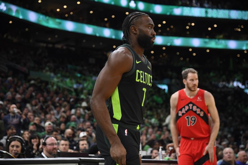 BOSTON, MA - NOVEMBER 16: Jaylen Brown looks on during the game against the Toronto Raptors on November 16, 2024 at TD Garden in Boston, Massachusetts. NOTE TO USER: User expressly acknowledges and agrees that, by downloading and/or using this Photograph, user is consenting to the terms and conditions of the Getty Images License Agreement. Mandatory Copyright Notice: Copyright 2024 NBAE (Photo by Brian Babineau/NBAE via Getty Images)