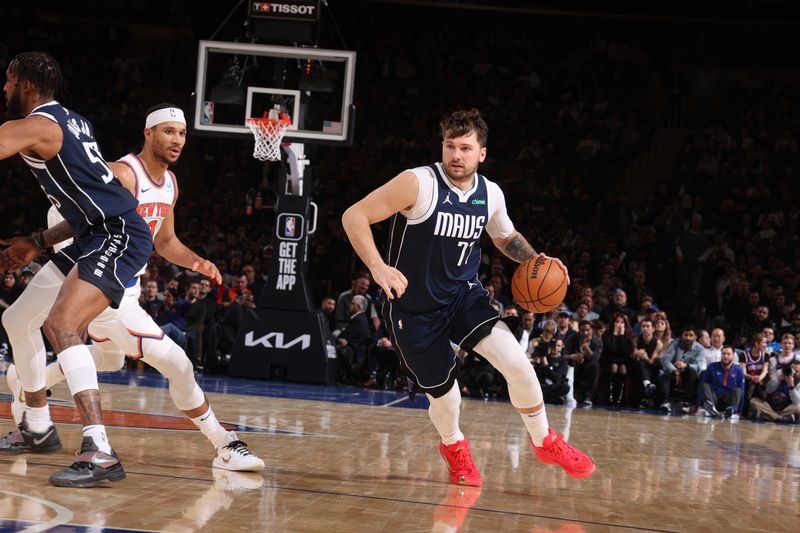 NEW YORK, NY - FEBRUARY 8: Luka Doncic #77 of the Dallas Mavericks dribbles the ball during the game against the New York Knicks on February 8, 2024 at Madison Square Garden in New York City, New York.  NOTE TO USER: User expressly acknowledges and agrees that, by downloading and or using this photograph, User is consenting to the terms and conditions of the Getty Images License Agreement. Mandatory Copyright Notice: Copyright 2024 NBAE  (Photo by Nathaniel S. Butler/NBAE via Getty Images)