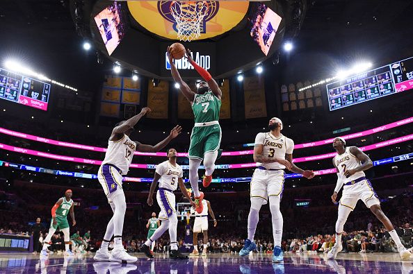 LOS ANGELES, CA - DECEMBER 25:  Jaylen Brown #7 of the Boston Celtics goes to the basket during the game on December 25, 2023 at Crypto.Com Arena in Los Angeles, California. NOTE TO USER: User expressly acknowledges and agrees that, by downloading and/or using this Photograph, user is consenting to the terms and conditions of the Getty Images License Agreement. Mandatory Copyright Notice: Copyright 2023 NBAE (Photo by Juan Ocampo/NBAE via Getty Images)