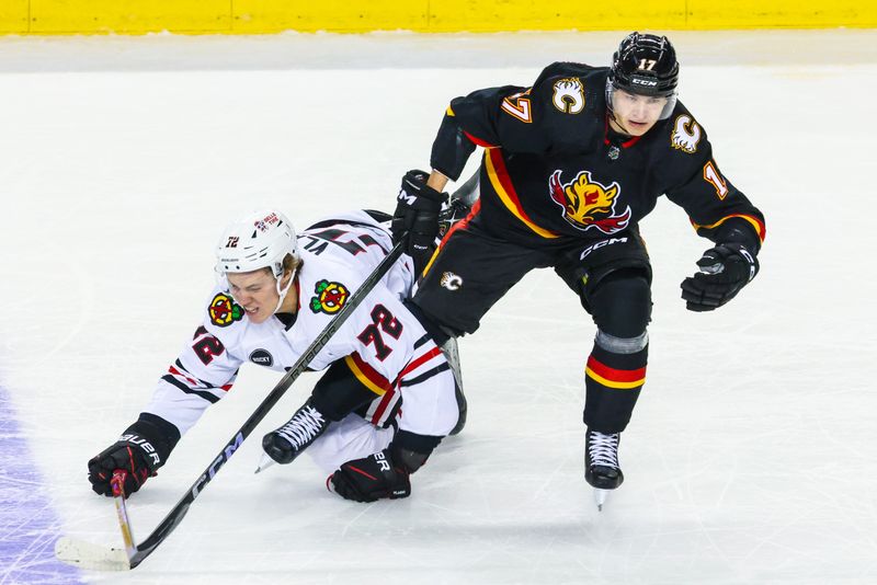 Jan 27, 2024; Calgary, Alberta, CAN; Calgary Flames center Yegor Sharangovich (17) and Chicago Blackhawks defenseman Alex Vlasic (72) battles for the puck during the first period at Scotiabank Saddledome. Mandatory Credit: Sergei Belski-USA TODAY Sports