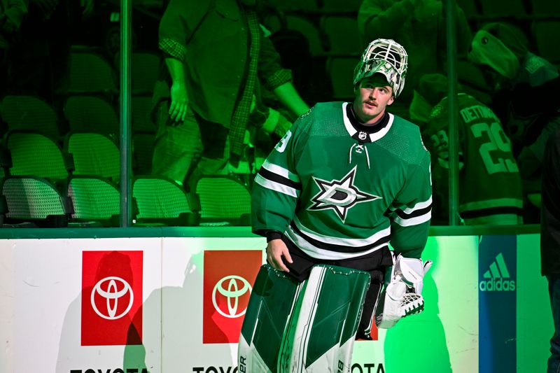 Oct 27, 2022; Dallas, Texas, USA; Dallas Stars goaltender Jake Oettinger (29) is named the number one Star in the Stars victory over the Washington Capitals at the American Airlines Center. Mandatory Credit: Jerome Miron-USA TODAY Sports