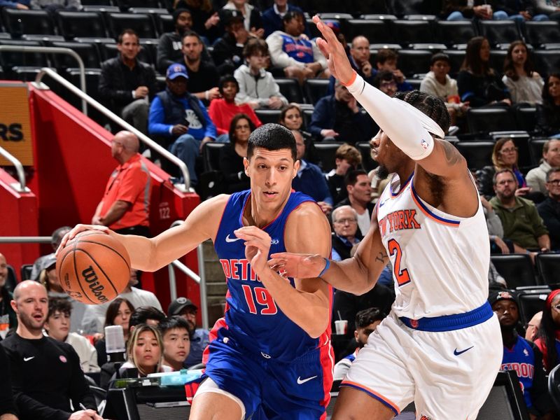 DETROIT, MI - NOVEMBER 1: Simone Fontecchio #19 of the Detroit Pistons dribbles the ball during the game against the New York Knicks on November 1, 2024 at Little Caesars Arena in Detroit, Michigan. NOTE TO USER: User expressly acknowledges and agrees that, by downloading and/or using this photograph, User is consenting to the terms and conditions of the Getty Images License Agreement. Mandatory Copyright Notice: Copyright 2024 NBAE (Photo by Chris Schwegler/NBAE via Getty Images)