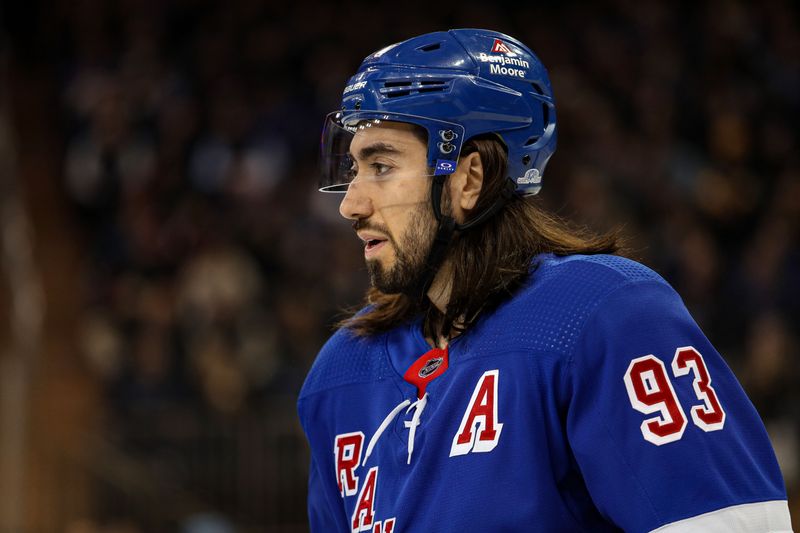 Mar 19, 2024; New York, New York, USA; New York Rangers center Mika Zibanejad (93) during the first period against the Winnipeg Jets at Madison Square Garden. Mandatory Credit: Danny Wild-USA TODAY Sports