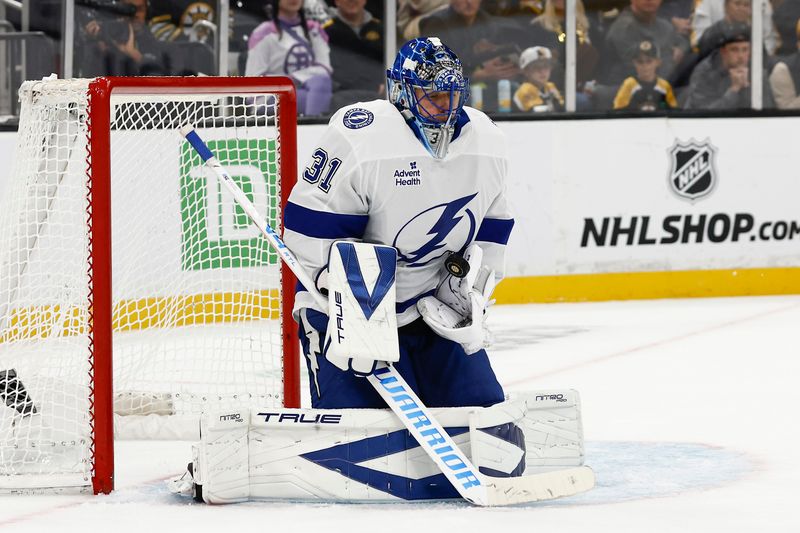 Oct 13, 2025; Boston, Massachusetts, USA; Tampa Bay Lightning goaltender Jonas Johansson (31) makes a save against the Boston Bruins during the second period at TD Garden. Mandatory Credit: Winslow Townson-Imagn Images
