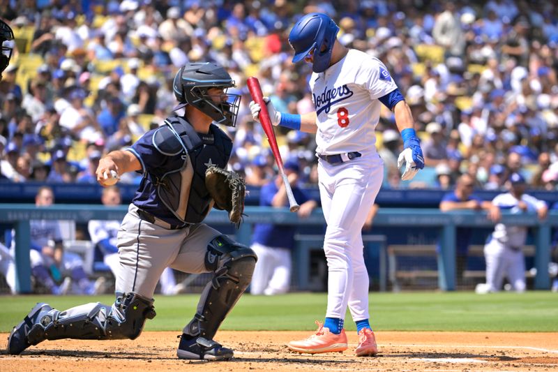 Aug 25, 2024; Los Angeles, California, USA;  Tampa Bay Rays catcher Ben Rortvedt (30) returns the ball to the pitcher as Los Angeles Dodgers shortstop Enrique Hernandez (8) is called out on strikes in the fourth inning at Dodger Stadium. Mandatory Credit: Jayne Kamin-Oncea-USA TODAY Sports