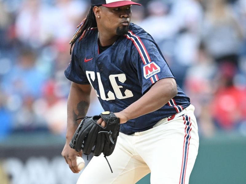 May 30, 2025; Cleveland, Ohio, USA; Cleveland Guardians starting pitcher Luis Ortiz (45) throws a pitch during the first inning against the Los Angeles Angels at Progressive Field. Mandatory Credit: Ken Blaze-Imagn Images
