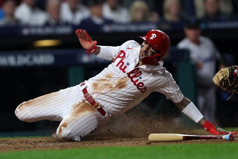 Oct 3, 2023; Philadelphia, Pennsylvania, USA; Miami Marlins catcher Nick Fortes (not pictured) applies the tag on Philadelphia Phillies right fielder Nick Castellanos (8) to get the out in the fourth inning for game one of the Wildcard series for the 2023 MLB playoffs at Citizens Bank Park. Mandatory Credit: Bill Streicher-USA TODAY Sports