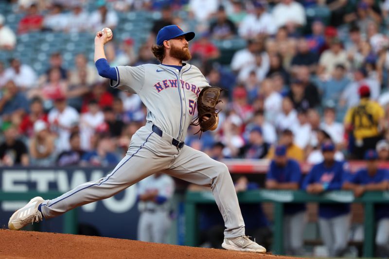 Aug 2, 2024; Anaheim, California, USA;  New York Mets starting pitcher Paul Blackburn (58) pitches during the first inning against the Los Angeles Angels at Angel Stadium. Mandatory Credit: Kiyoshi Mio-USA TODAY Sports