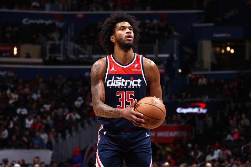 WASHINGTON, DC -? JANUARY 20: Marvin Bagley III #35 of the Washington Wizards shoots a free throw during the game against the San Antonio Spurs on January 20, 2024 at Capital One Arena in Washington, DC. NOTE TO USER: User expressly acknowledges and agrees that, by downloading and or using this Photograph, user is consenting to the terms and conditions of the Getty Images License Agreement. Mandatory Copyright Notice: Copyright 2024 NBAE (Photo by Kenny Giarla/NBAE via Getty Images)