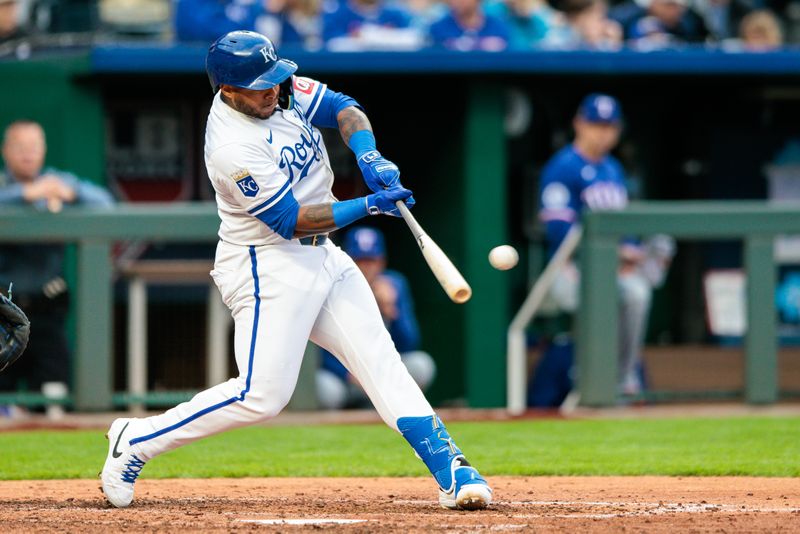 May 4, 2024; Kansas City, Missouri, USA; Kansas City Royals outfielder Nelson Velazquez (17) at bat during the fifth inning against the Texas Rangers at Kauffman Stadium. Mandatory Credit: William Purnell-USA TODAY Sports