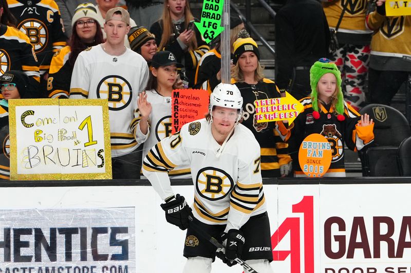 Jan 11, 2024; Las Vegas, Nevada, USA; Boston Bruins center Jesper Boqvist (70) warms up before a game against the Vegas Golden Knights at T-Mobile Arena. Mandatory Credit: Stephen R. Sylvanie-USA TODAY Sports