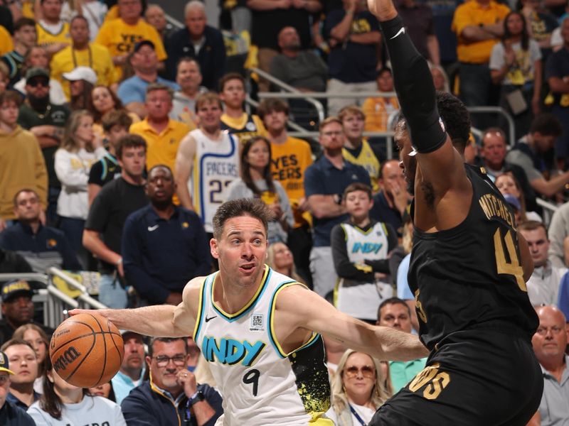 INDIANAPOLIS, IN - MAY 11:  T.J. McConnell #9 of the Indiana Pacers dribbles the ball during the game against the Cleveland Cavaliers  during Round 2 Game 3 of the 2025 NBA Playoffs  on May 11, 2025 at Gainbridge Fieldhouse in Indianapolis, Indiana. NOTE TO USER: User expressly acknowledges and agrees that, by downloading and or using this Photograph, user is consenting to the terms and conditions of the Getty Images License Agreement. Mandatory Copyright Notice: Copyright 2025 NBAE (Photo by Joe MurphyNBAE via Getty Images)